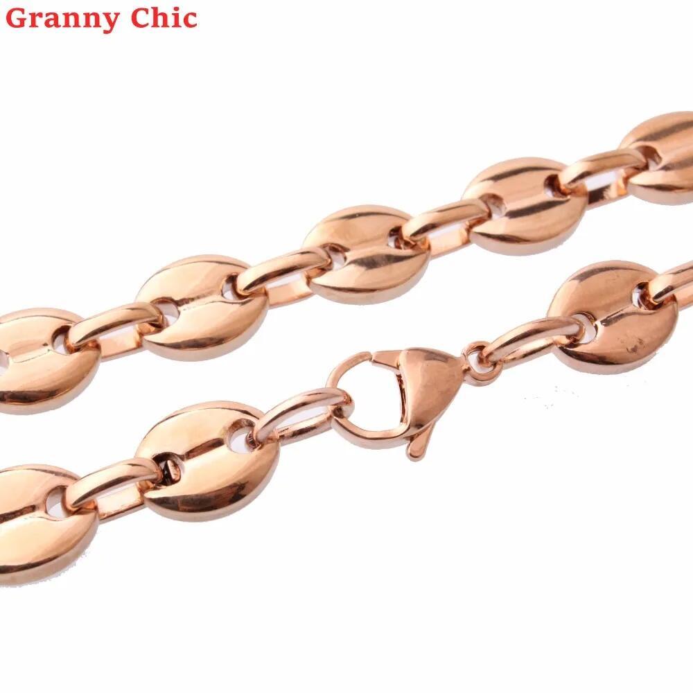 7/9/11mm Men Women Rose Gold Tone Stainless Steel Coffee Beans Chain Necklace