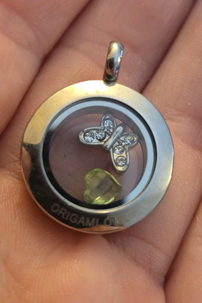 Origami Owl Locket Silver Modern Hinged Rhinestone Butterfly Charm Green Heart