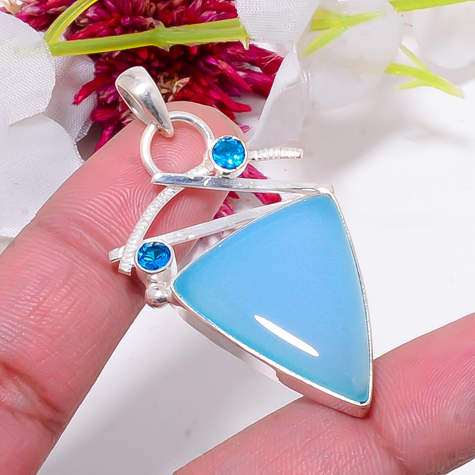 Chalcedony – Brazil & Blue Topaz 925 Sterling Silver Handmade Pendant 2.03″ Su10