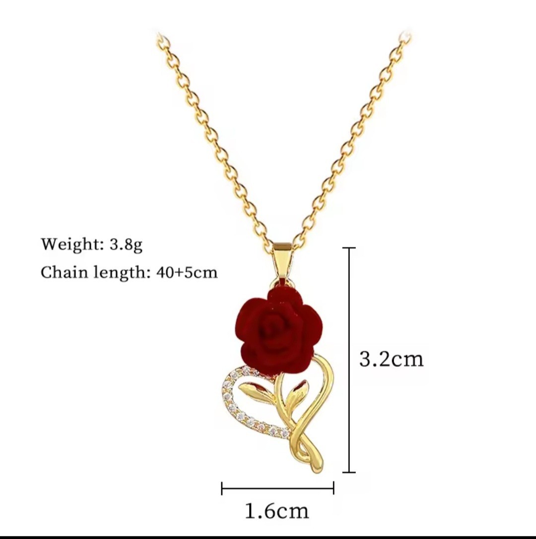 2 Yellow Gold Plated Heart Red Rose Pendant CZ Necklace 40+5cm Adjustable
