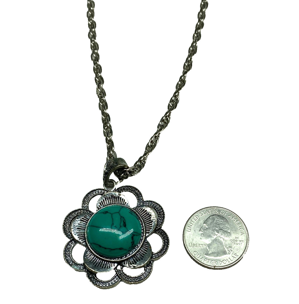 Floral Shape Tibetan Silver Faux Green Turquoise Necklace 26″ Long Spring Close