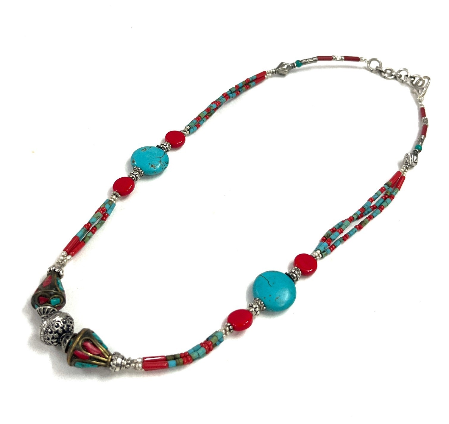 Tibetan Turquoise Coral Gemstone Handmade Necklace Jewelry, 18 Inch Adjs