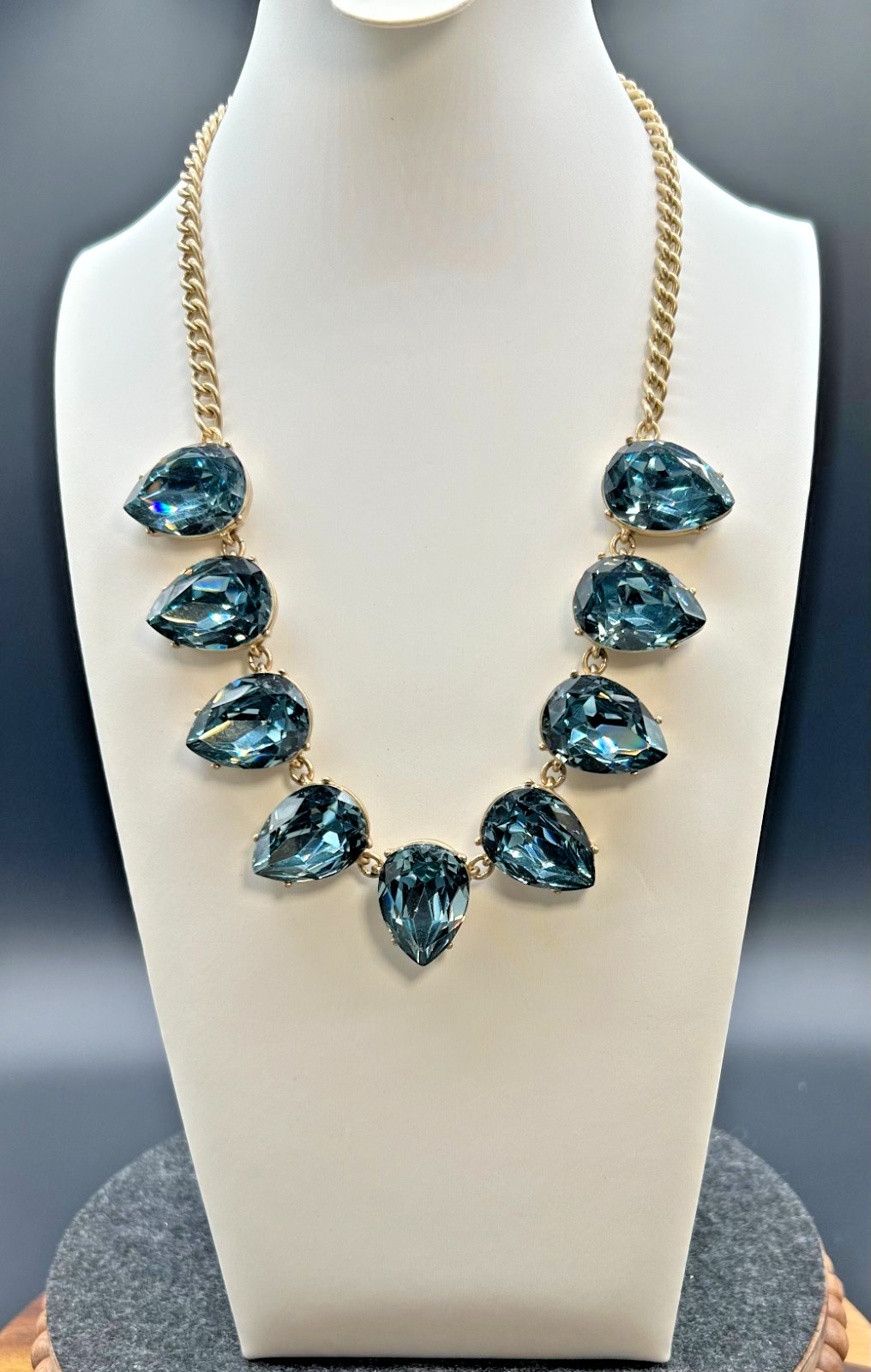 J Crew Crystal Teardrop Statement Necklace Blue Grey Bib Collar Gold Tone NWT