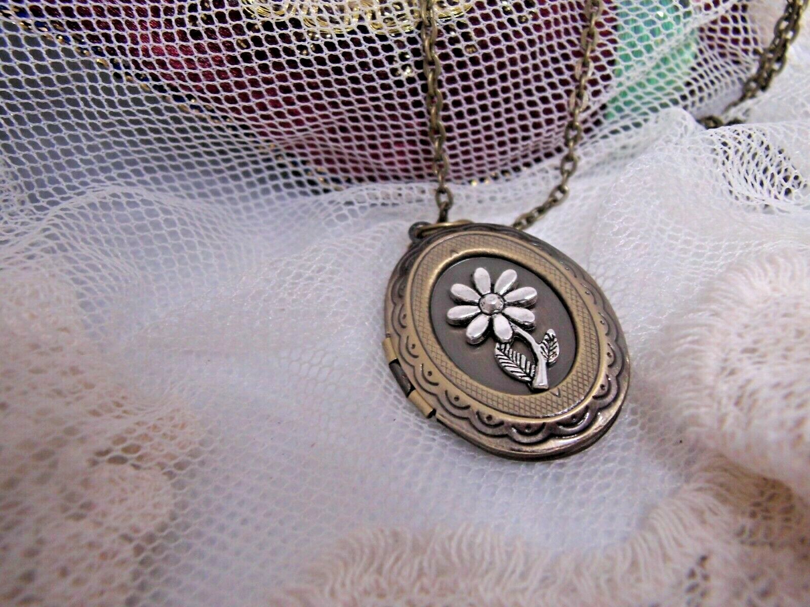 Sunflower Necklace Locket flower pendant ANT GOLD memorial photo memory BRONZE