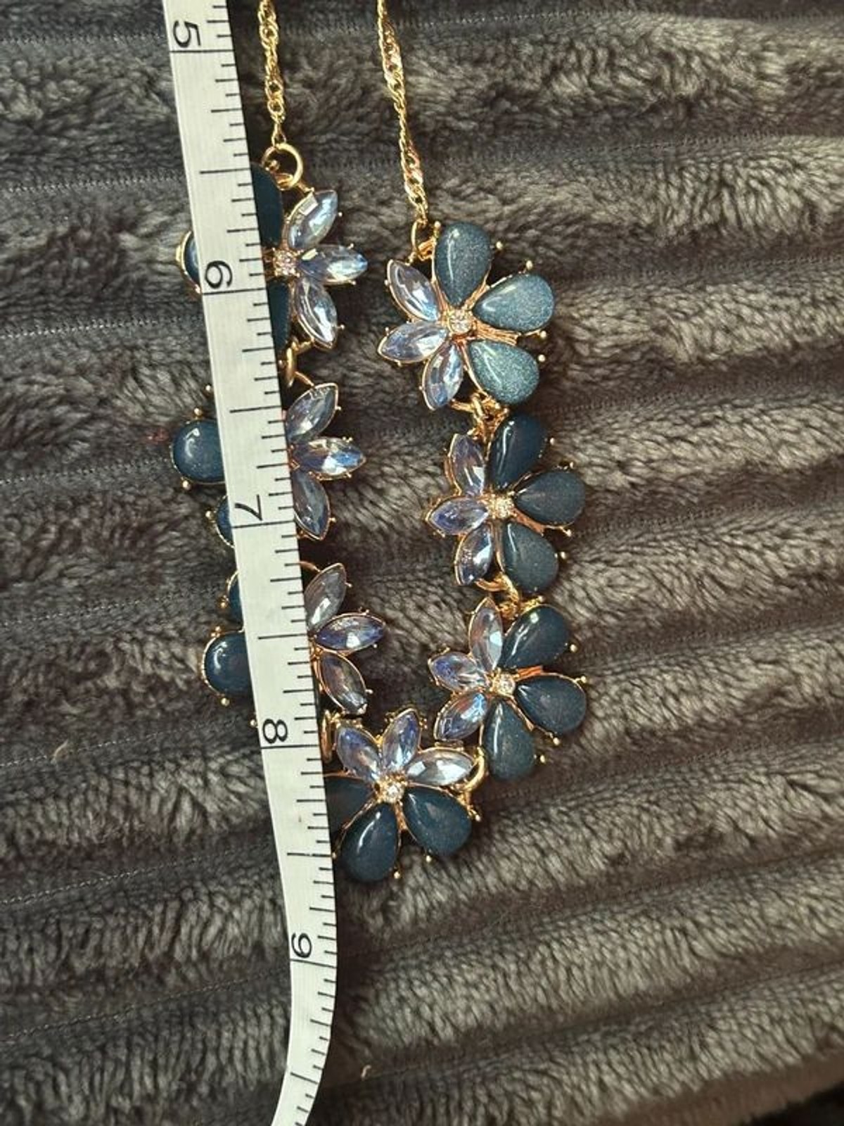 Gold Tone Blue Floral Cluster Statement Necklace Crystal Accents