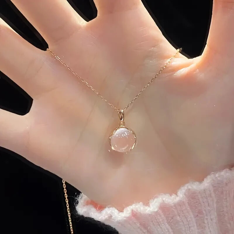 Cherry Blossom Pink Oval Shape Necklace Clavicle Chain Pendant Jewelry Women