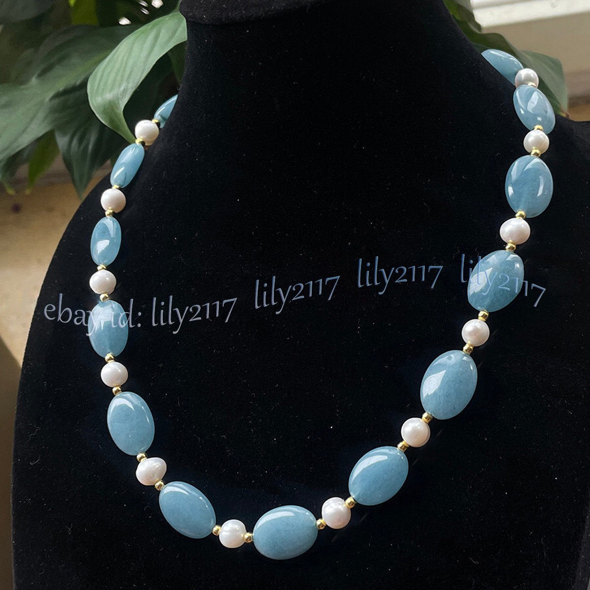 13x18mm Natural Blue Aquamarine Oval Gemstone White Pearl Necklace 14-48 inches