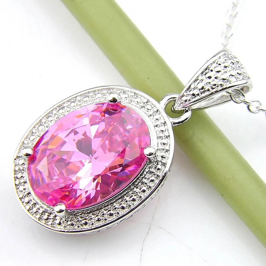 3.14 Ct Oval Cut Pink Sapphire Pendant Wedding Pendant 14K White Gold