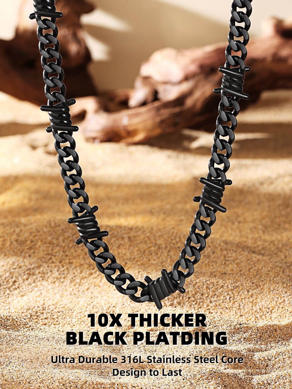 Cool Men Black Barbed Wire Necklace 7mm Thick Heavy Stainless Steel Chain Bla…