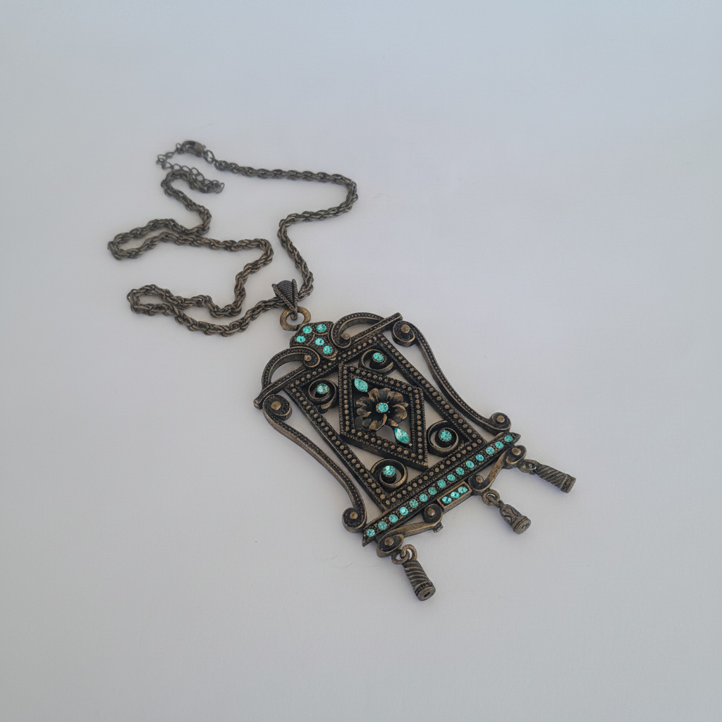 Vintage Women’s Large Chain Necklace Antique Bronze Turquoise Rhinestone Ornate
