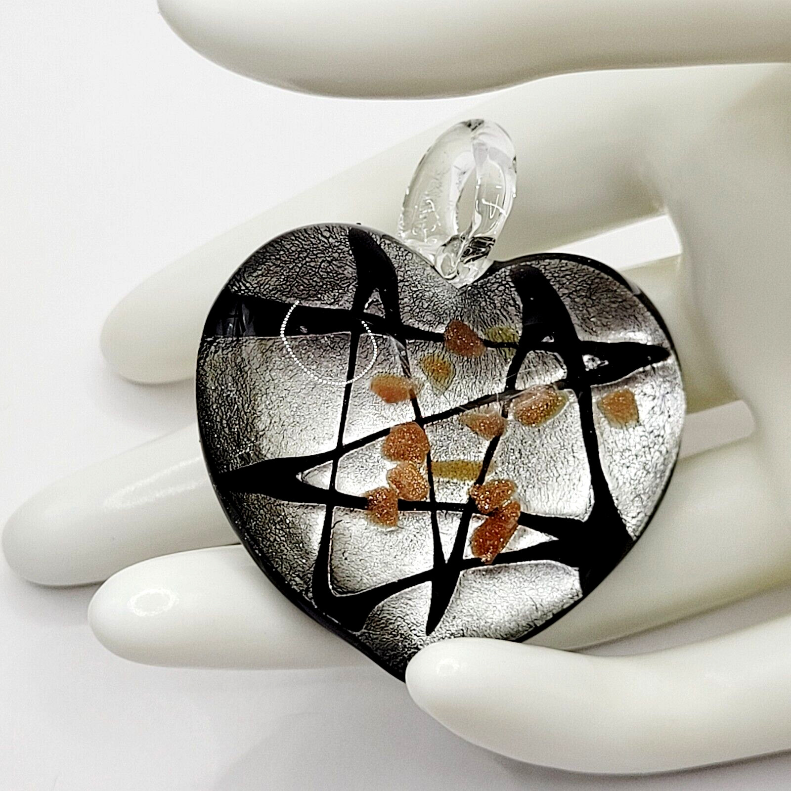 Artisan Modern Art Glass Heart Pendant Silver Black Gold Color Foiled Glitter