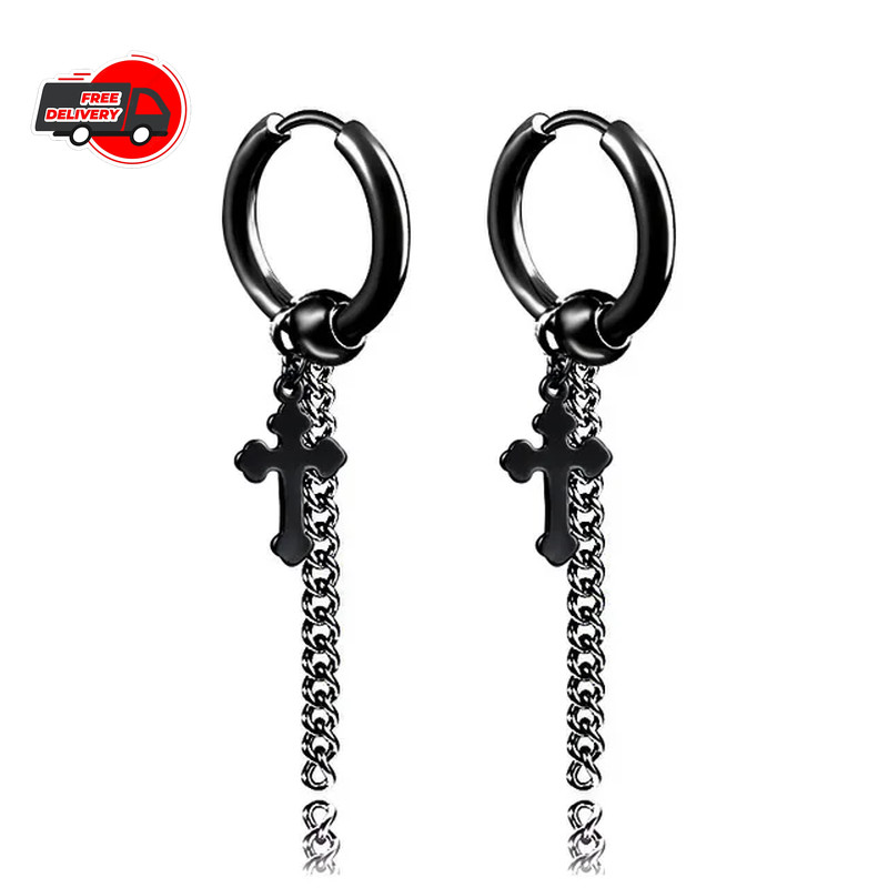 Punk Black Cross Stainless Steel Hoop Earrings for Women Men Fashion Vintage