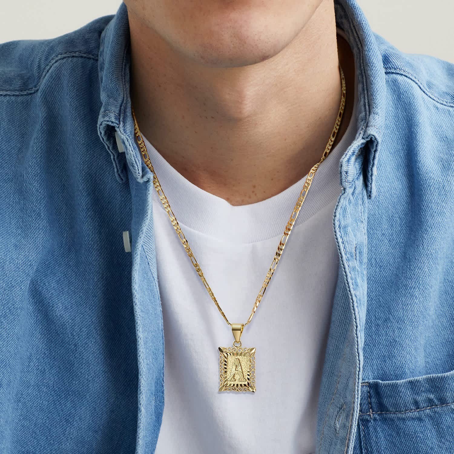 KissYan Initial Letter Pendant Necklace 14K Gold Plated Figaro Chain