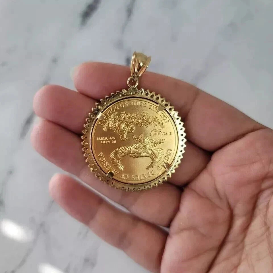 1.24Ct Lab Created Liberty COIN Pendant Necklaces 14k Yellow Gold Plated