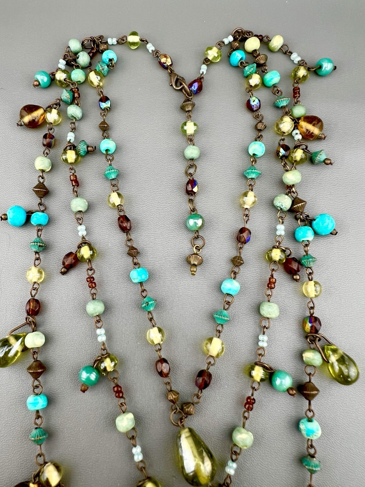 Layered Beaded Necklace Boho Blue Brown Green Glass Multi Strand Bronze Tone 18”