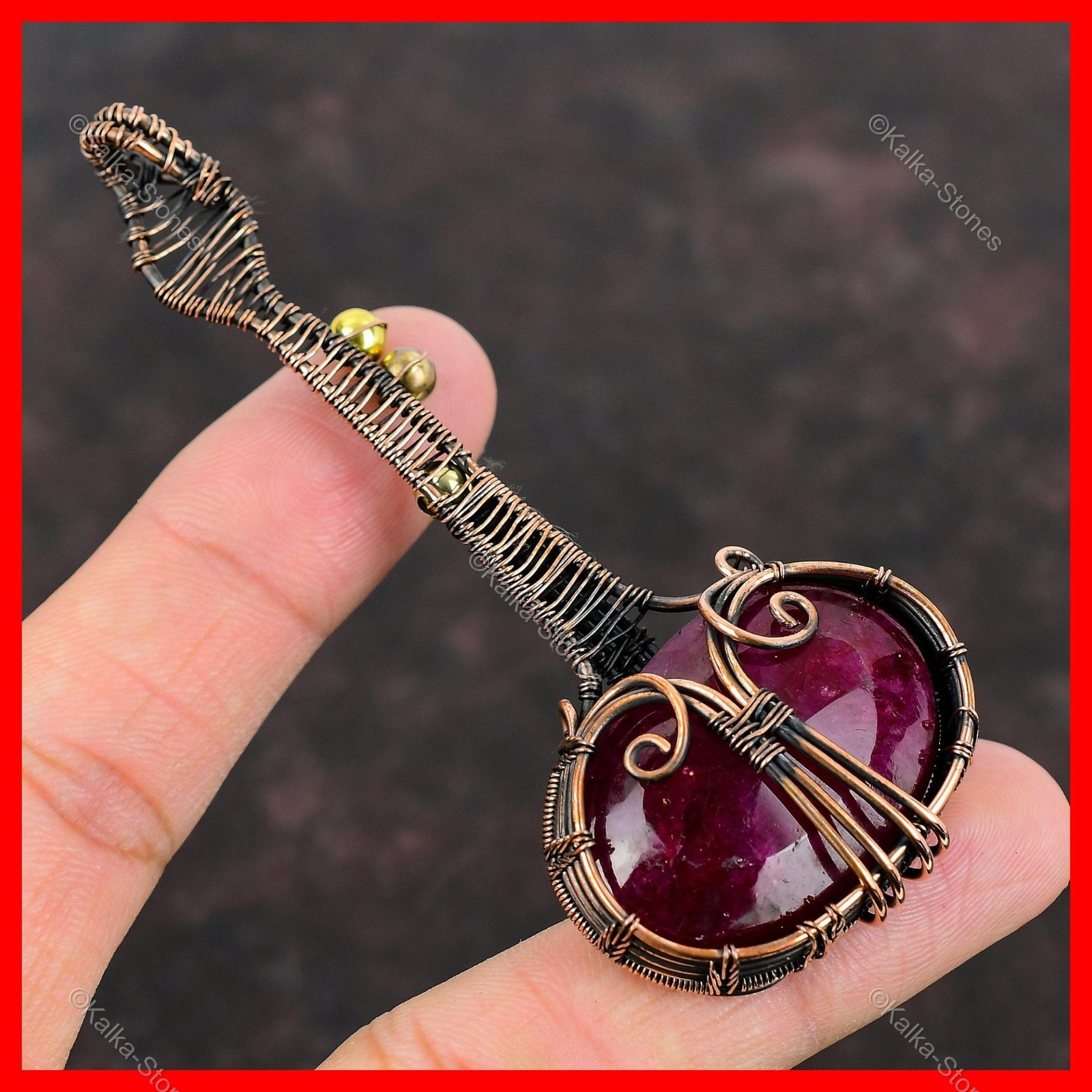 Copper Kashmir Rubi Gemstone Daughter Guitar And Wire Wrapped Pendant Jewelry