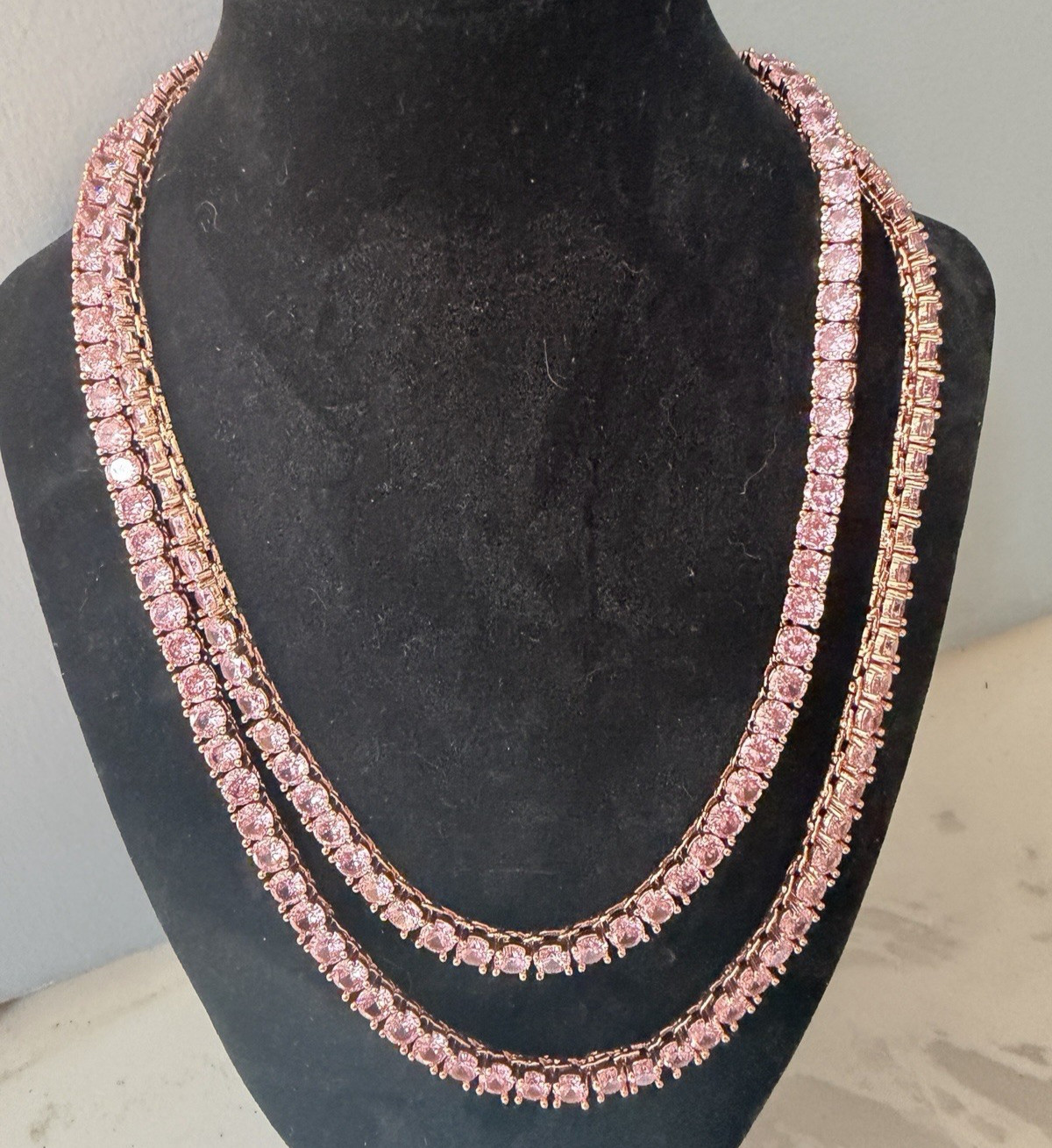 Pink CZ Crystal Tennis Necklaces Rose Gold 16 And 18 Inch 4mm Lot Of Two