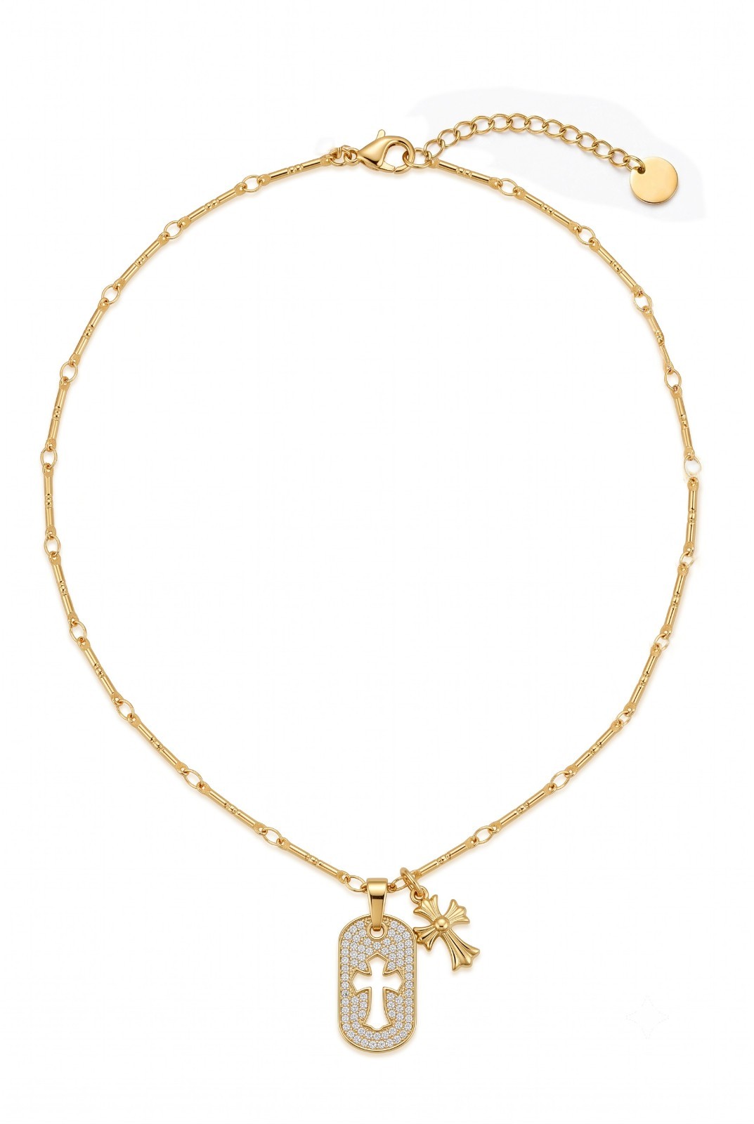 Stainless Steel 18K Gold Plated CZ Dog Tag Cutout Cross Pendant Necklace Gift