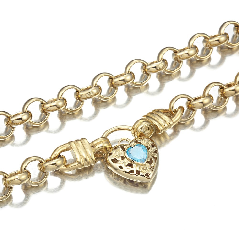 18K GL Thick Solid Rolo Yellow Gold Necklace Filigree Heart Padlock Topaz Blue
