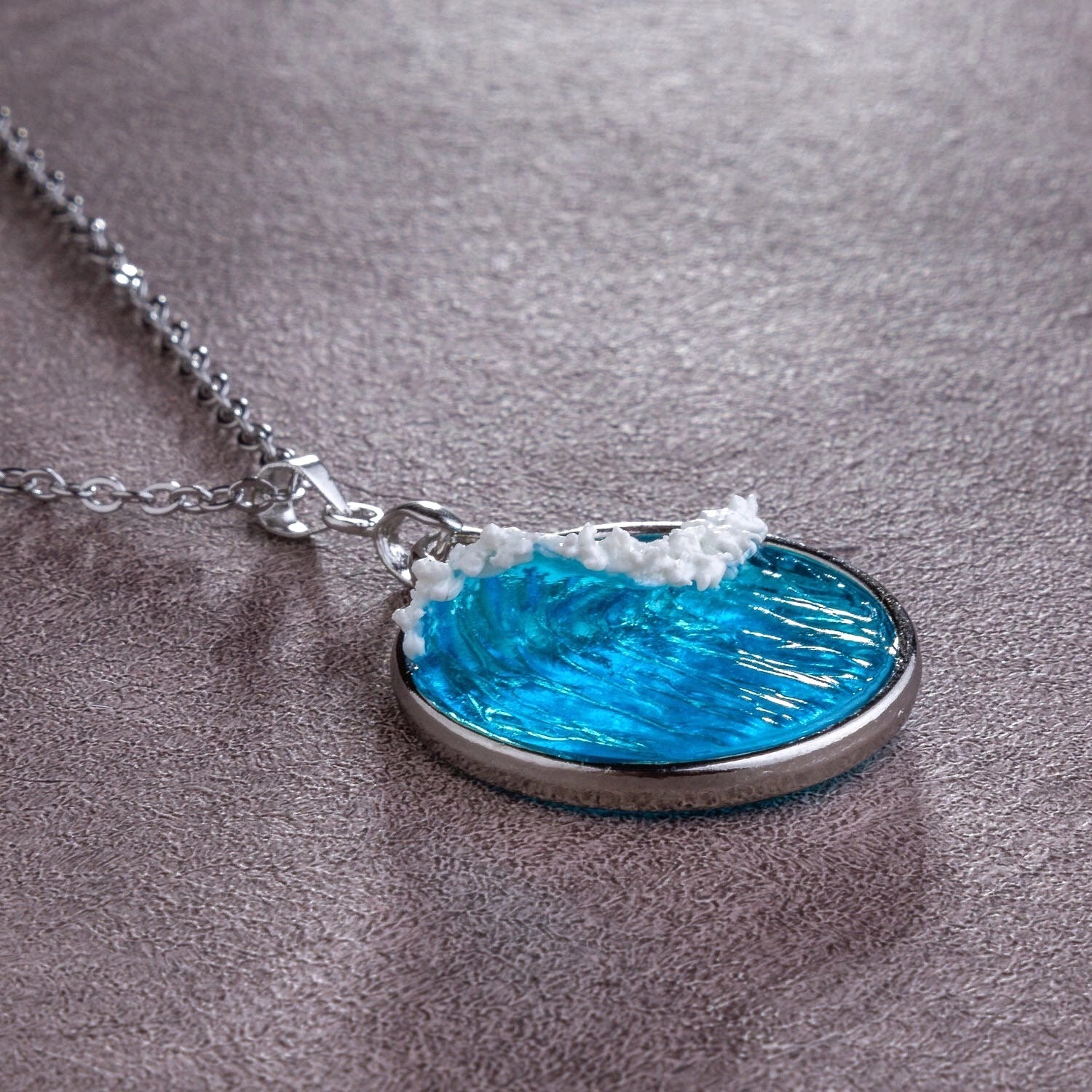 **Handmade Silver Ocean Wave Necklace Resin Sea Jewelry Gift for Her**
