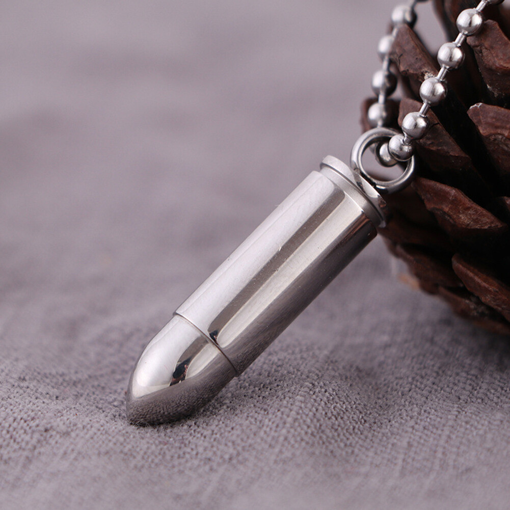 Mens Stainless Steel Necklace Open Bullet Pendant Pill Case Holder Male Jewelry