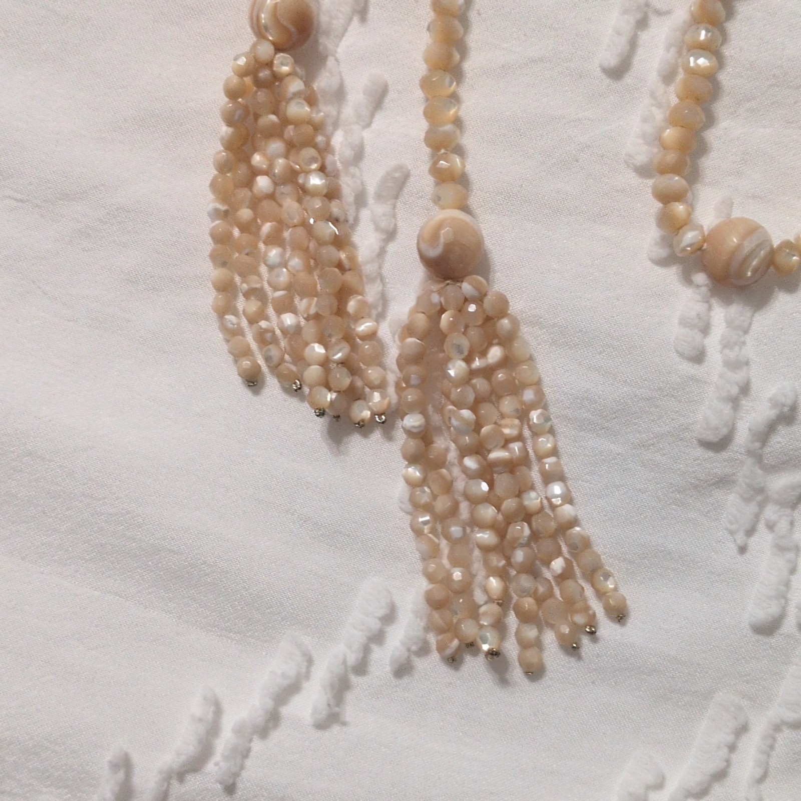 Beige Beaded Strand Tassel Necklace, Adjustable Bohemian Ball/Bead Chain