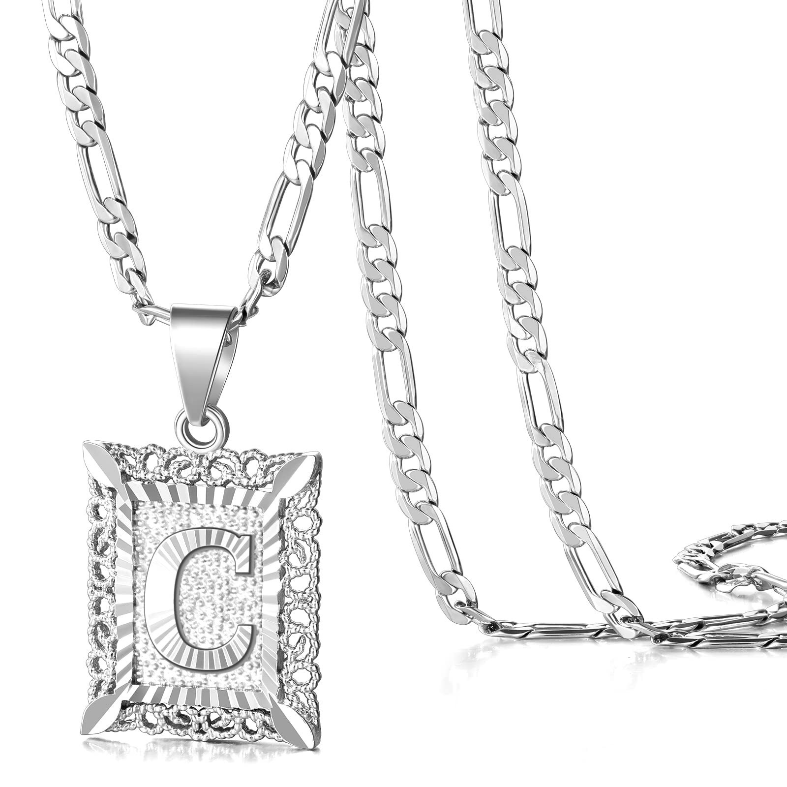 KissYan Initial Letter Pendant Necklace 14K Gold Plated Figaro Chain