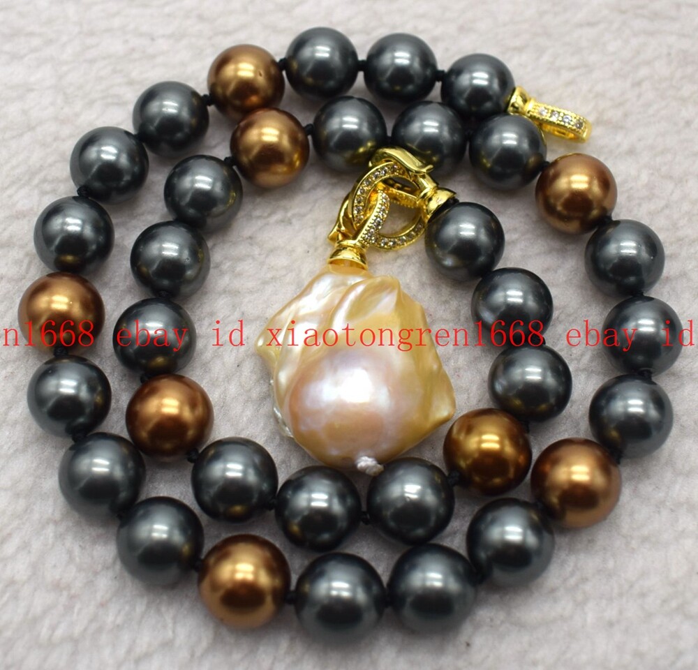 Fashion 12mm Black Brown Shell Pearl & Baroque Pearl Pendant Necklace 16-24in