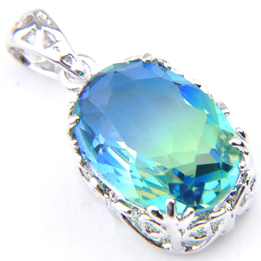 Summer Holiday Shiny Bi-Colored Tourmaline Gemstone Silver Necklace Pendants