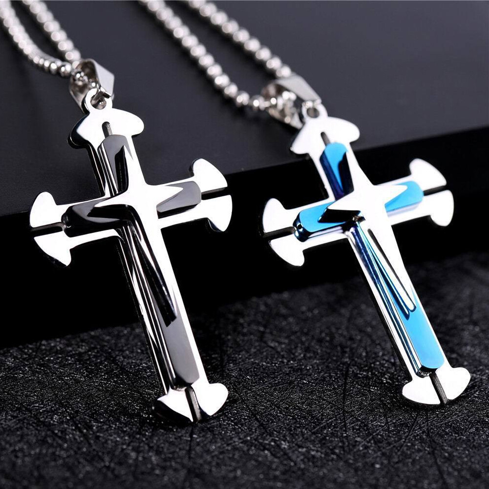 New Unisex’s Men’s Women Silver Blue Stainless Steel Cross Pendant Necklace Gift