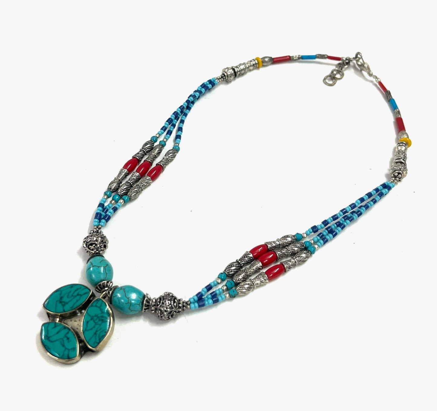 Antique Turquoise Coral Gemstone Tibetan Style Necklace Jewelry, 16 Inch Adjs