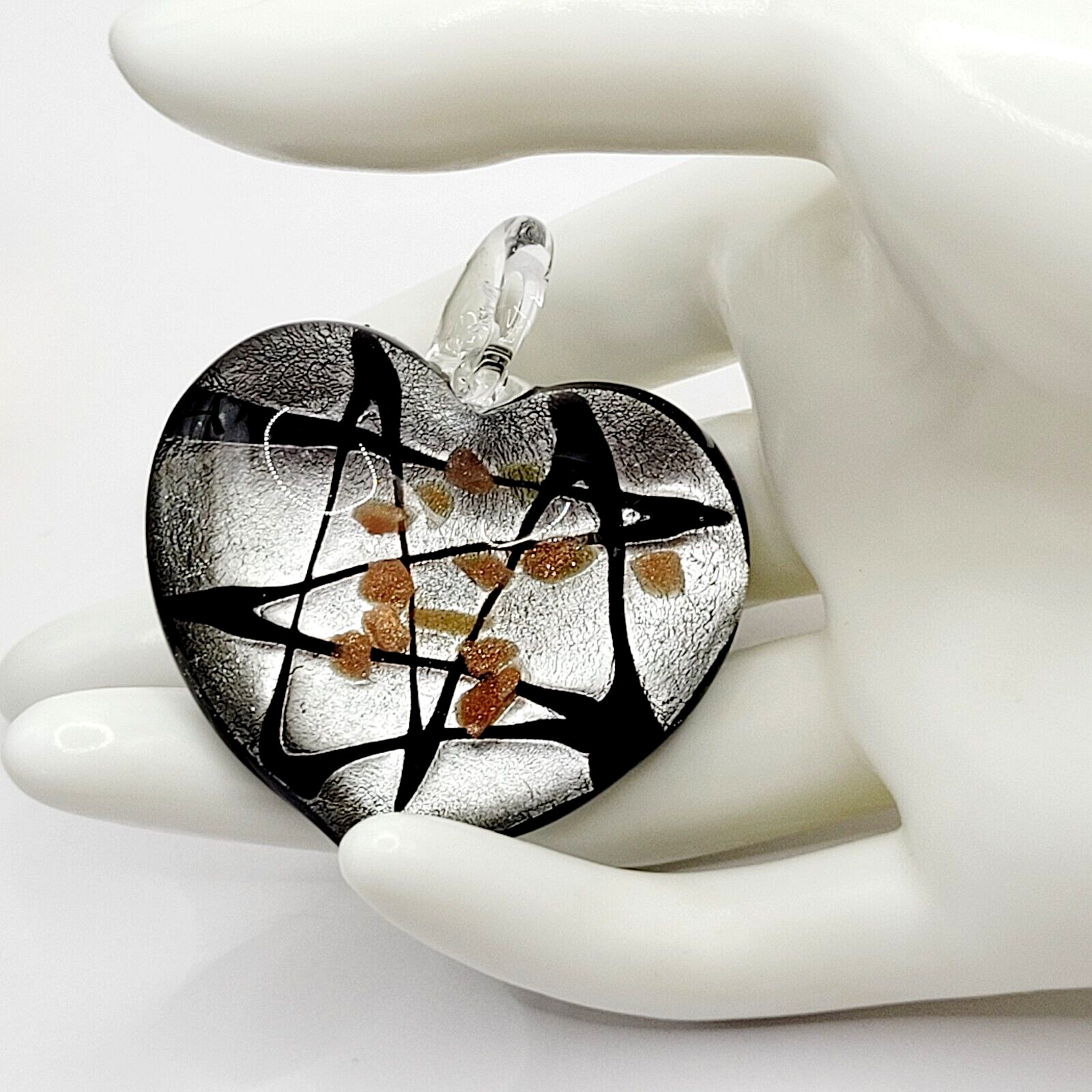 Artisan Modern Art Glass Heart Pendant Silver Black Gold Color Foiled Glitter