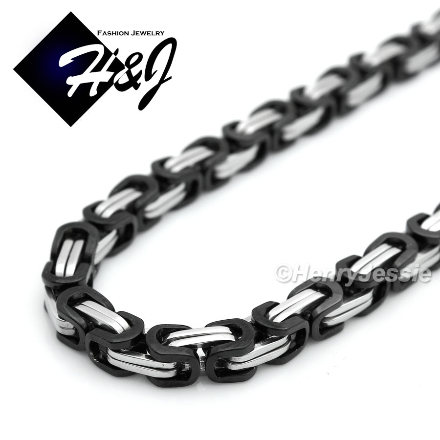 18-40″MEN Stainless Steel 6mm Silver/Black Plated Byzantine Box Chain Necklace