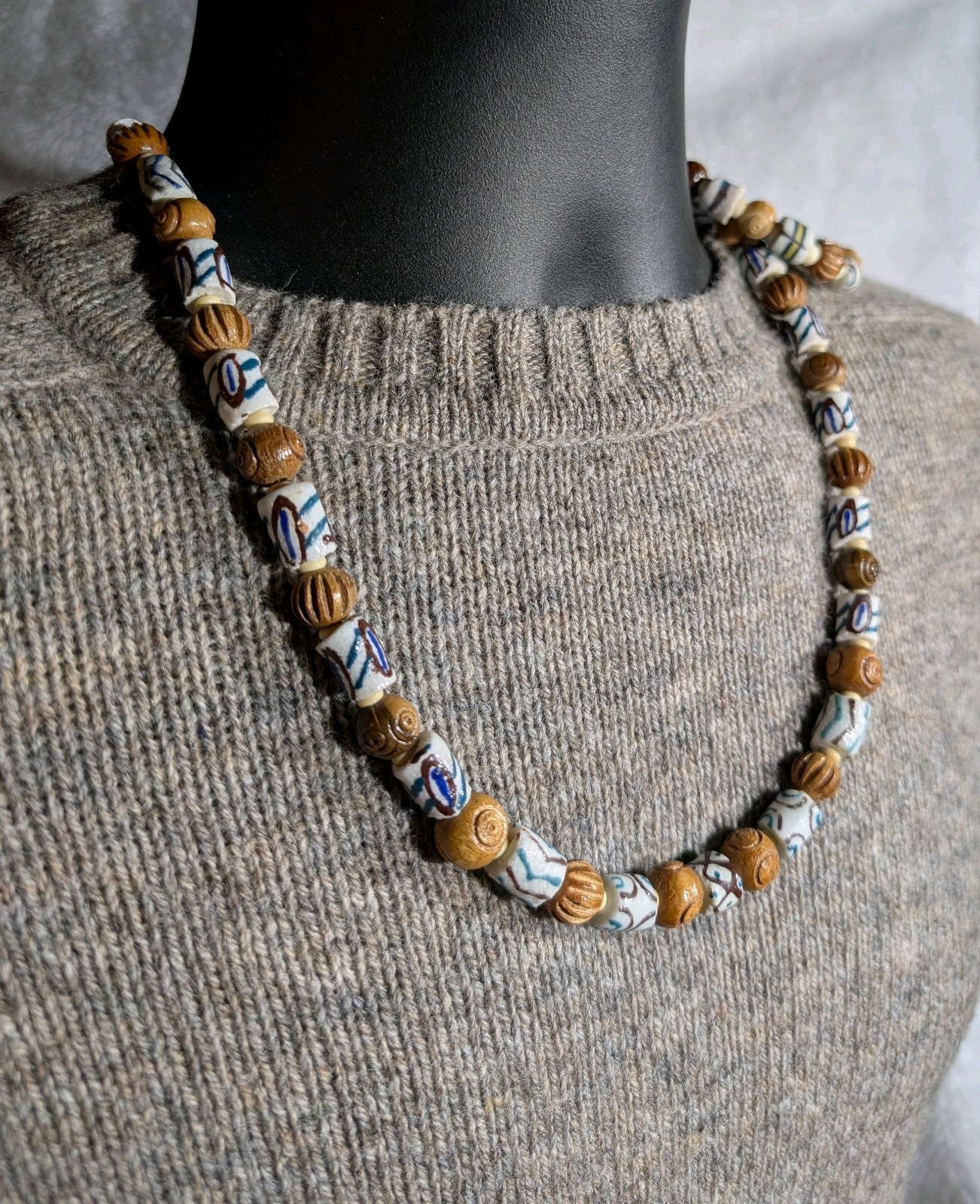 Men’s 24in Tribal Necklace and 8in sizeable Bracelet, White Krobo, for healing