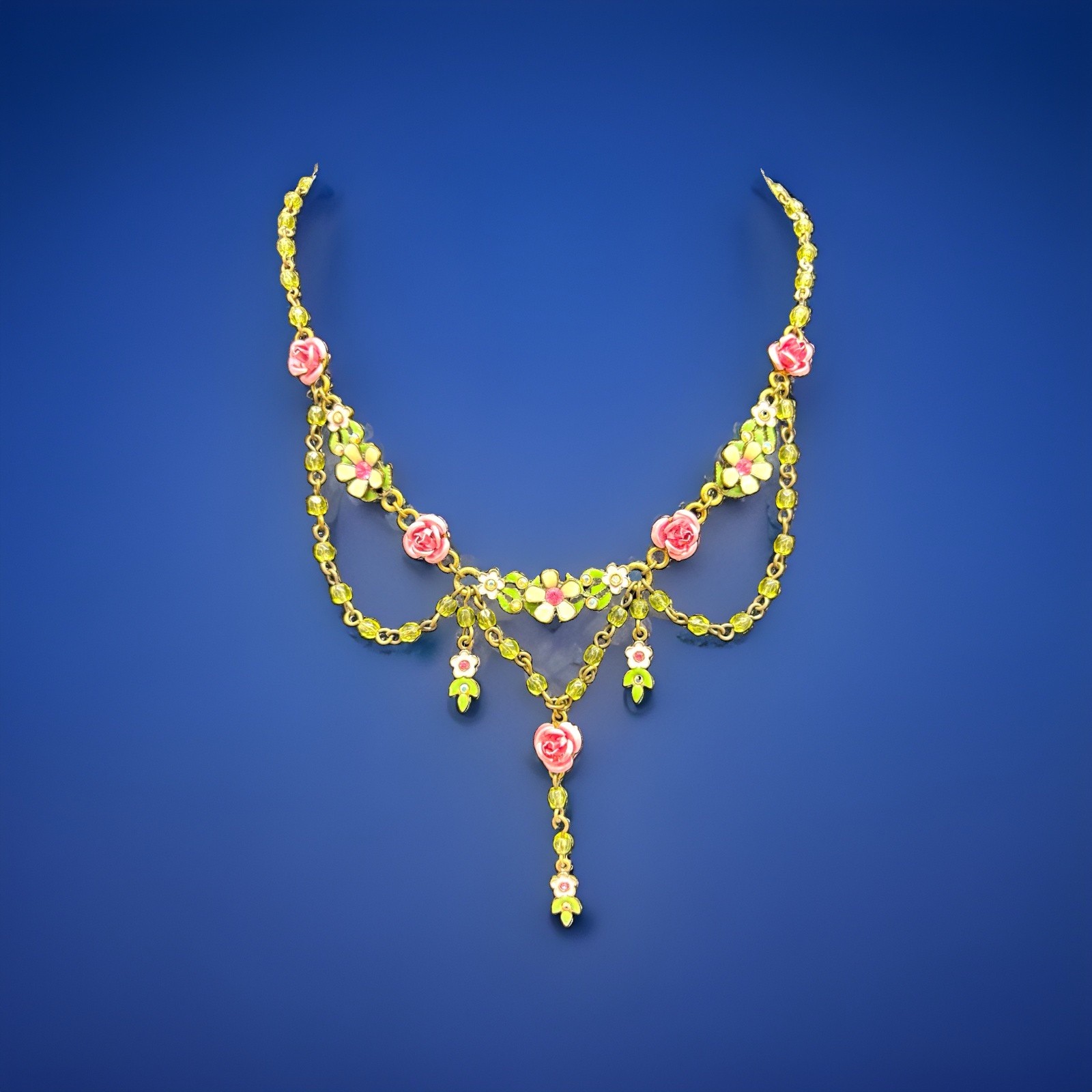 Gold Tone Double Strand Cable Chain Charm Necklace Pink Rose Green Crystal