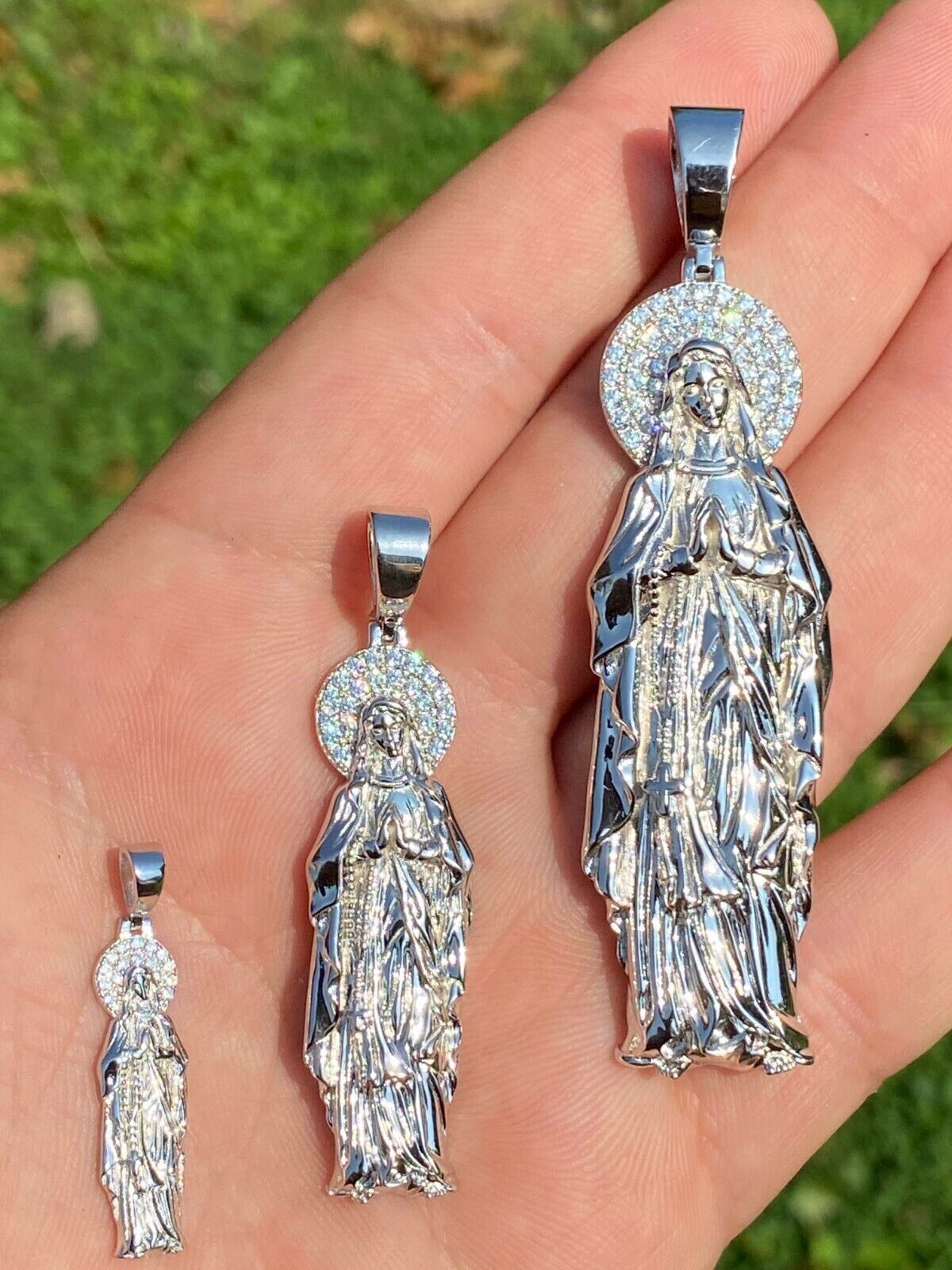 Real MOISSANITE 925 Silver Virgin Mary Guadalupe Pendant Iced Necklace – 3 Sizes