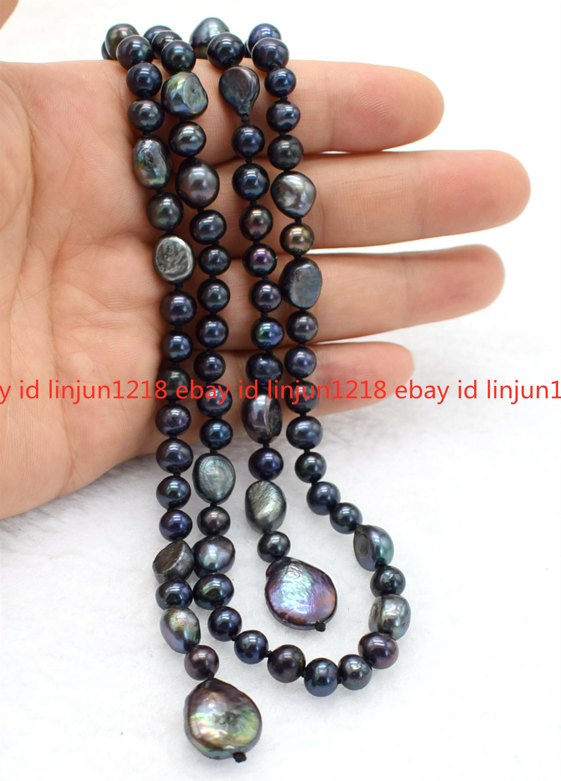 Long 50″ 7-8mm Freshwater Black Baroque 12-13mm Black Coin Pearl Necklace