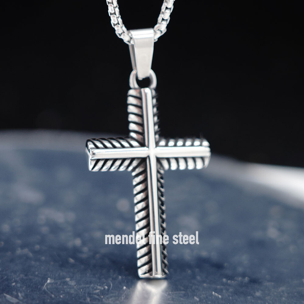MENDEL Stainless Steel Mens Boys Christian Small Cross Pendant Necklace For Men
