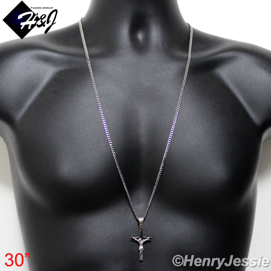 18-32″MEN Stainless Steel 3mm Silver Cuban Curb Chain JESUS Cross Pendant*SP62