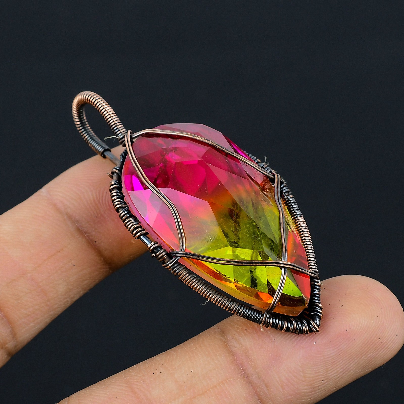 Bi Color Tourmaline Gemstone Copper Wire Wrap Jewely Pendant 2.4″ N053
