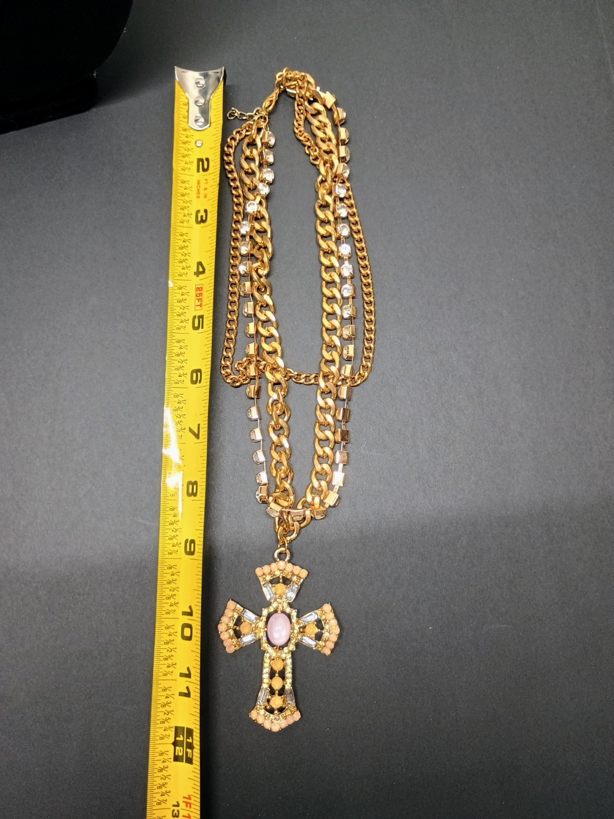 Layered cross gold and pink tone statement necklace costume great condition
