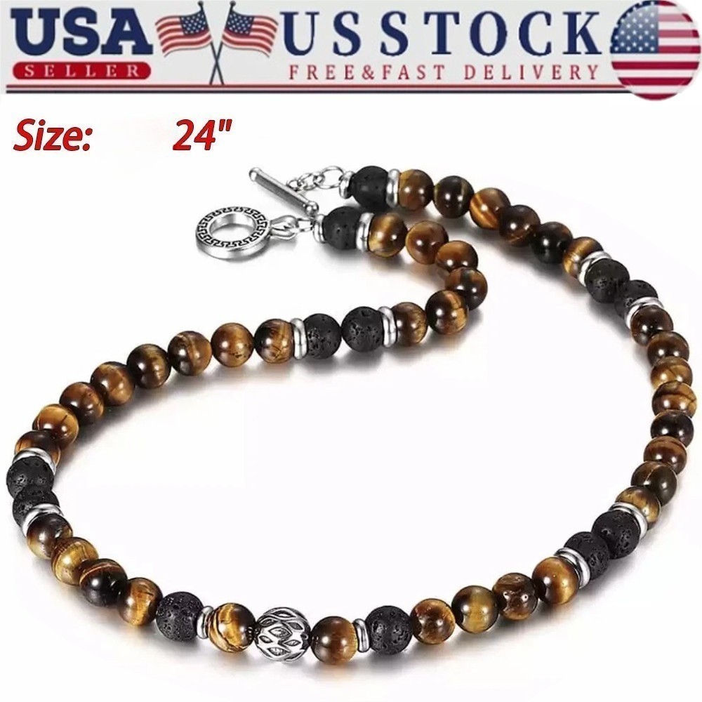 24″ Men’s Tiger Eye Necklace 8mm Natural Lava Beads Stainless Steel Toggle US