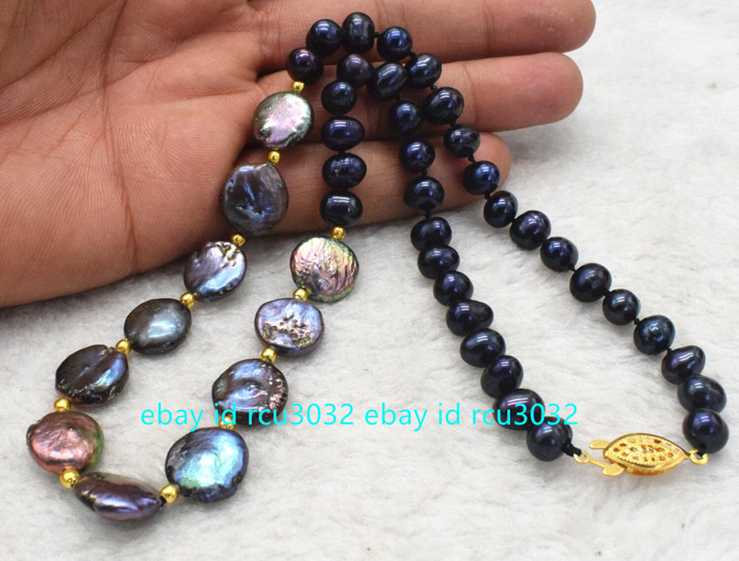 7-8mm Natural Black Pretty Cultured Pearl & 12-13mm Coin Pearl Necklace 20″