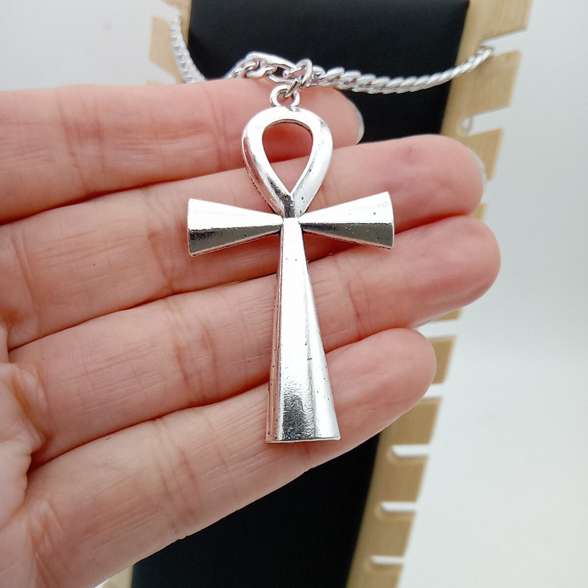 Ankh Necklace Key of Life CROSS Pendant & 24″ Curb Chain Big Vintage silver Tone
