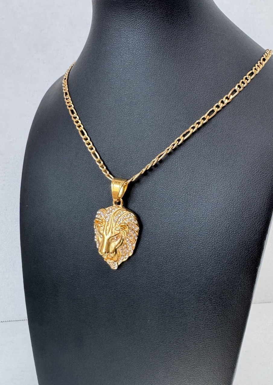 Bold Iced Lion Head Pendant Figaro Chain 24” Gold Tone Men’s Statement Necklace