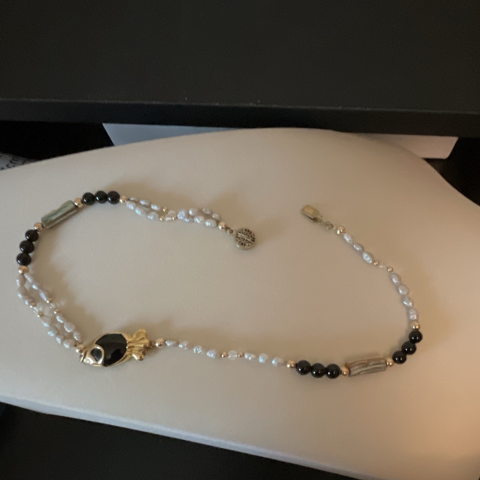 18 in Sterling silver black and white onyx/ seed pearls and abalone necklace