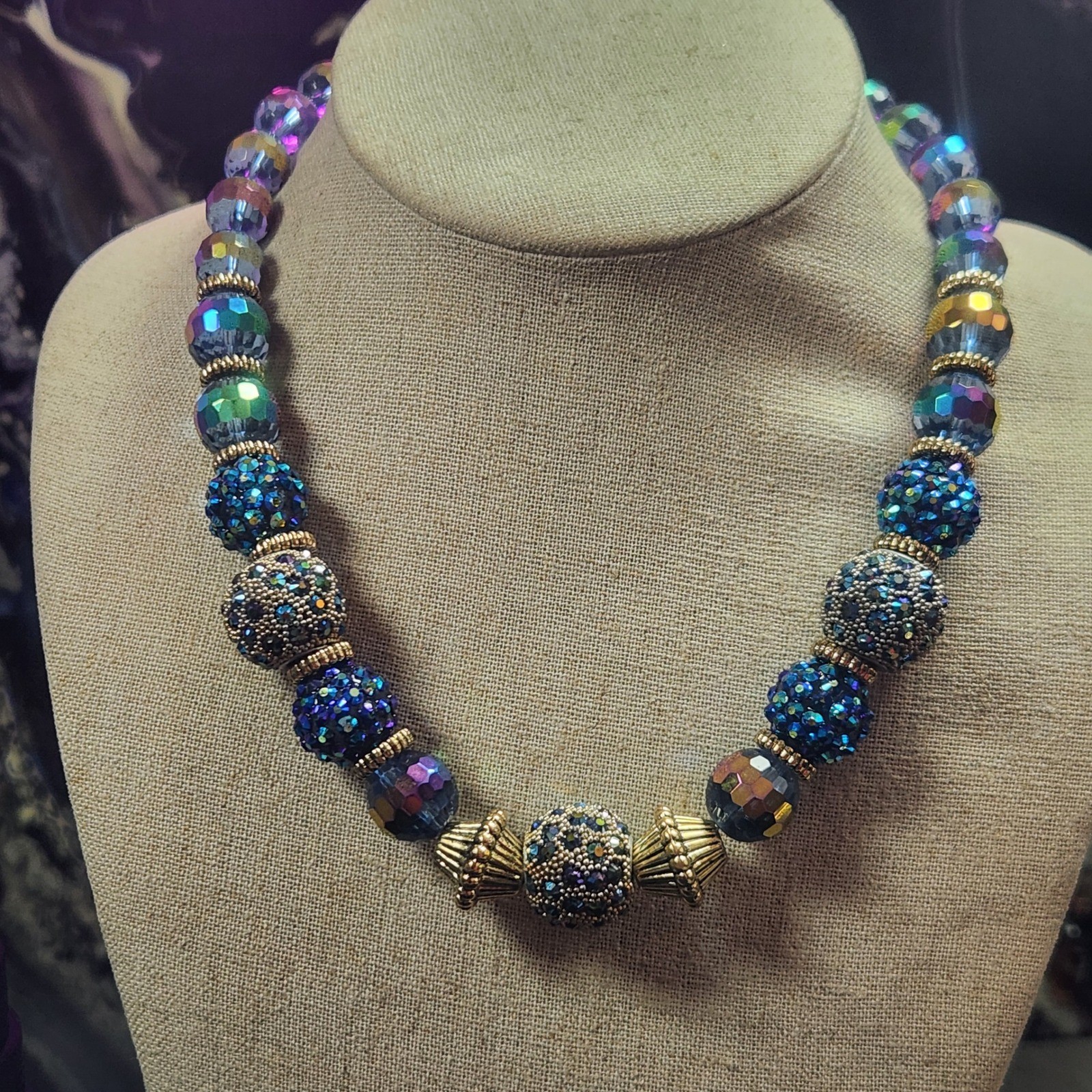 Blue Aurora Borealis Crystal Bead Necklace Gold Tone Pave Disco Ball 16 Inch
