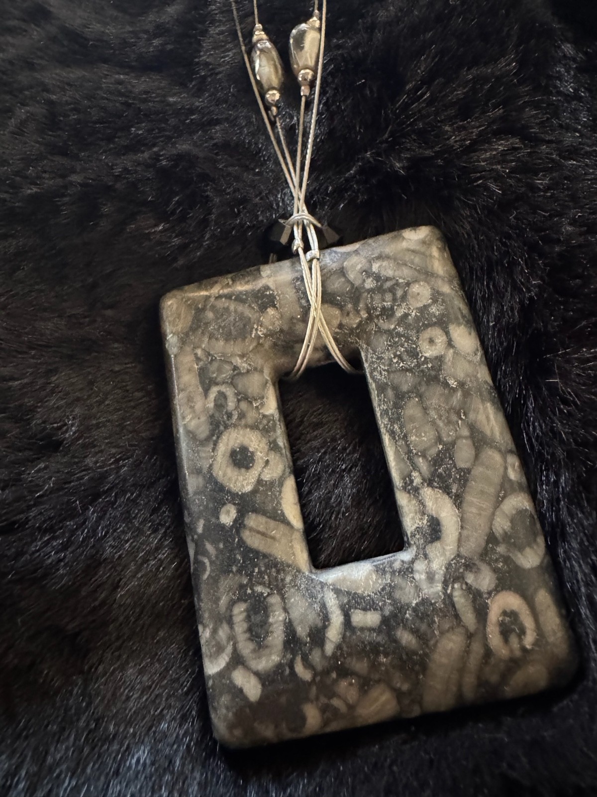 Unique Grey and Black Square Stone Pendant Sterling Silver Necklace Unique