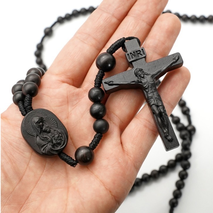 Ebony Black Wood Bead Fifteen 15 Decade Rosary Crucifix Madonna and Child Gift