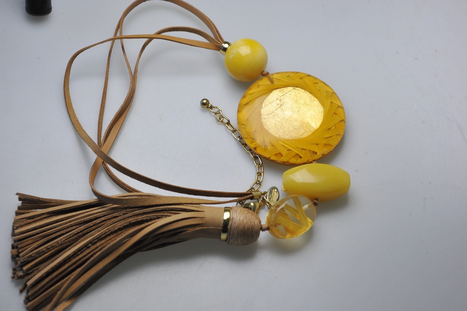 Chico’s necklace faux leather chunky tassel boho long costume yellow straw B